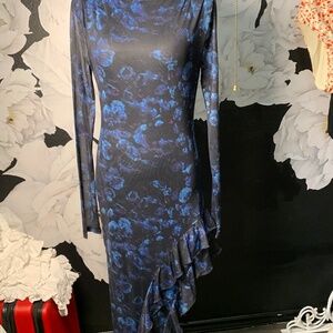 NWT More To Come Blue and black floral dress with mesh long sleeves, ruffled M